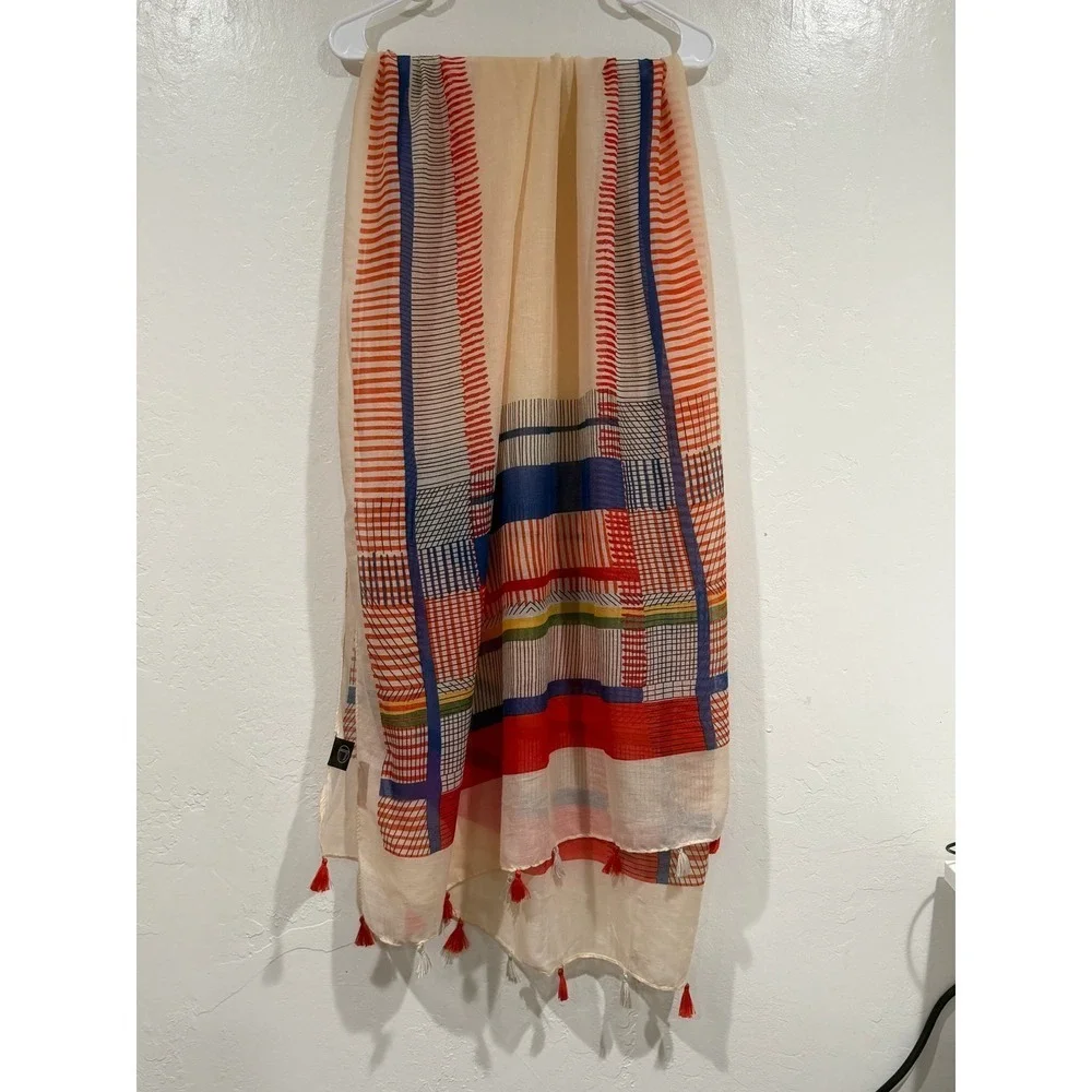 BoHoJJ Cream Red Blue Geometric Grid Tassel Wrap Lightweight  Scarf